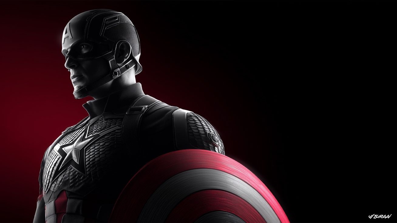 Captain America in full suit with shield — dramatic dark render