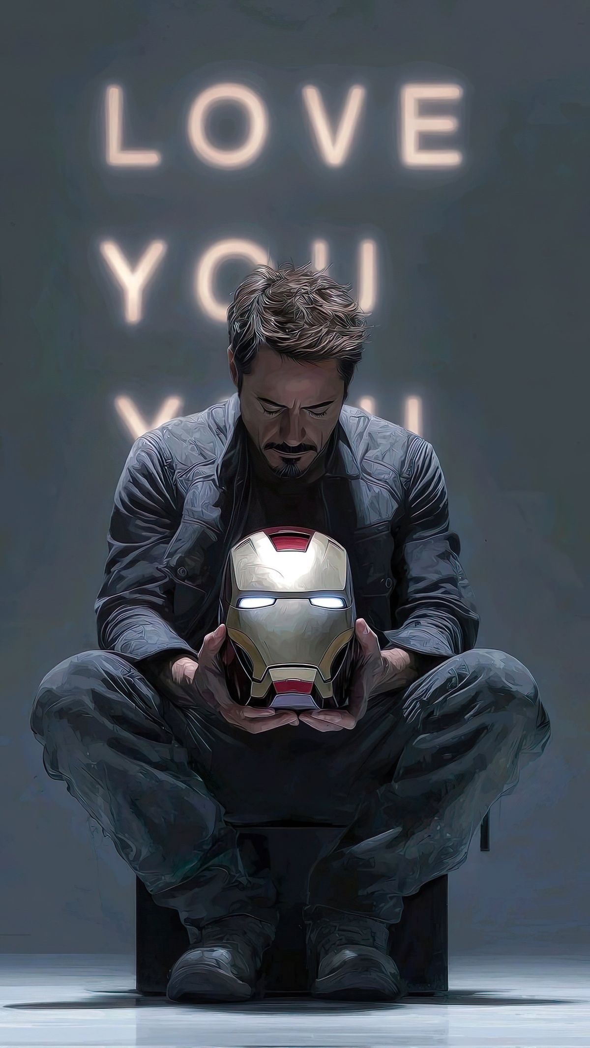 Tony Stark holding Iron Man helmet — Love You 3000