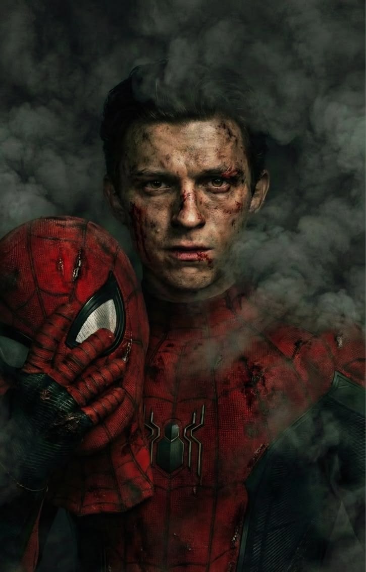 Battle-worn Peter Parker holding his mask amid smoke