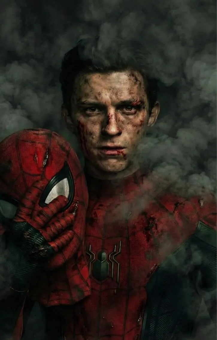 Battle-worn Peter Parker holding his mask amid smoke